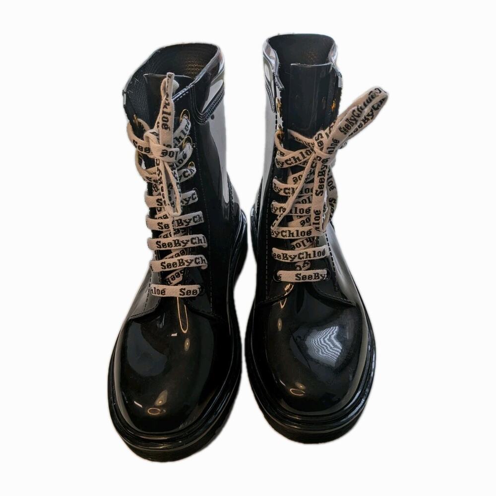 See By Chloe Florrie Lace Up Rain Boot Size EU 36 Black US 6 EUC